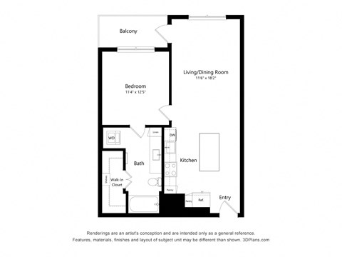Floor plan for 1 bed, 1 bath, 738 sqft